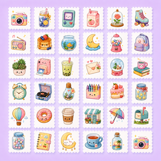 Pack of 100 Cute Aesthetic Sticker Stamps + 2 FREE Glitter Sachets