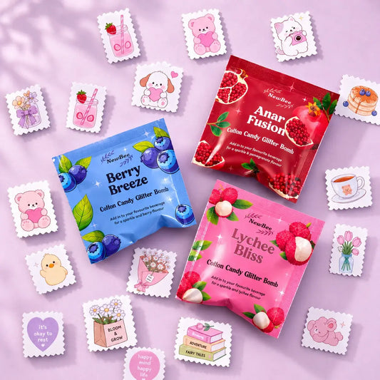 Deal of 20 Glittery Flavour Powder Sachets with Free Gift of Cute Stamp Stickers