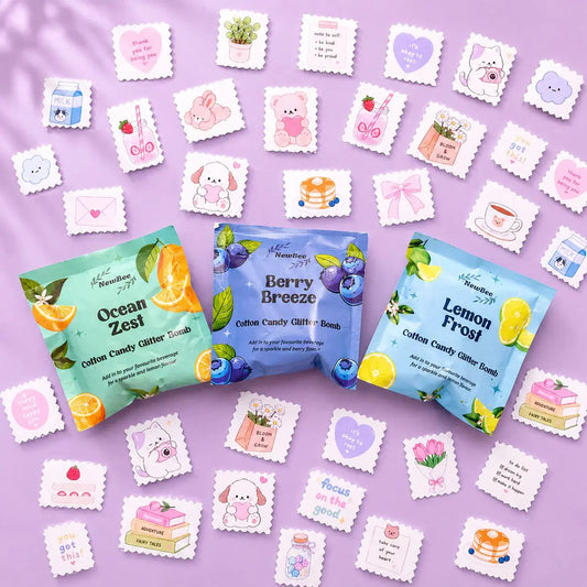 Deal of 9 Glittery Flavour Powder Sachets with Free Cute Stamp Stickers Gift